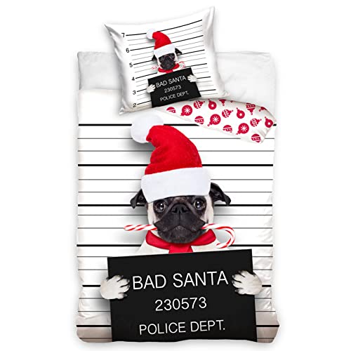 MTOnlinehandel Bettwäsche-Set 135x200 · witzige Weihnachts-Bettwäsche · Bad Santa Mops Winter-Motiv Merry Christmas · 135x200 + 80x80 cm · 100% Baumwolle · Kinder, Teenager, Erwachsene