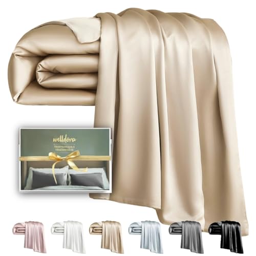 Welldora Deckenbezug aus 100% Seide 220x240 | Luxuriös weich, sanft zur Haut, hypoallergen | 22 Momme, Höchste Güteklasse 6A | Zert. in der Schweiz | Oeko-Tex Seidenbettwäsche Beigegold
