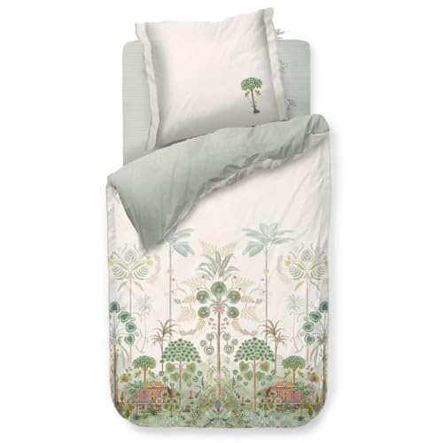 PiP Studio Bettwäsche Panoramico Cremefarben Bäume Farne Oriental Ornamente Grün Blumen Früchte Häuser Regenwald, Größe:135 cm x 200 cm