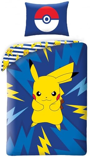 Pokémon Bettwäsche für Kinder, Gamer, für Einzelbett, Motiv Pikachu, elektrisch, 2-teiliges Set, wendbarer Bettbezug 140 x 200 cm und Kissenbezug 63 x 63 cm, Textil, Öko-Tex-zertifiziert
