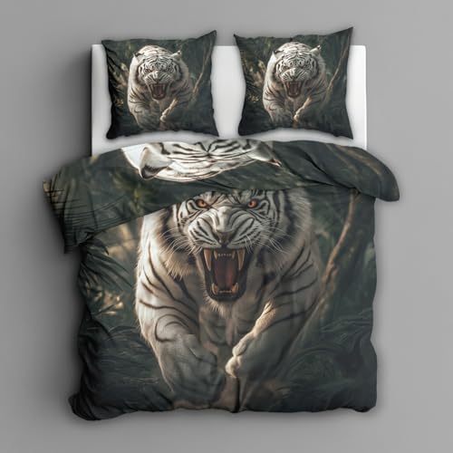 Generisch Weißer Tiger Bettwäsche 155x220 3tlg, 2 Kissenbezüge 80x80 - Wilde Tiere Design Wendebettwäsche, Weiche Mikrofaser Bettbezug mit Reißverschluss, Deko & Geschenke - Ghd52