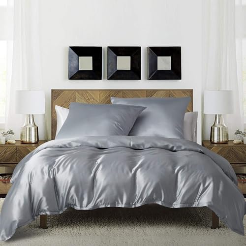 Bettwäsche Seide 220x240cm Grau Hellgrau Satin Glänzend Glatt Luxus Glanzsatin Einfarbig Bettwäsche Bettbezug Set Microfaser Seidenbettwäsche Einzelbett mit Reissverschluss und Kissenbezüge 80x80 cm