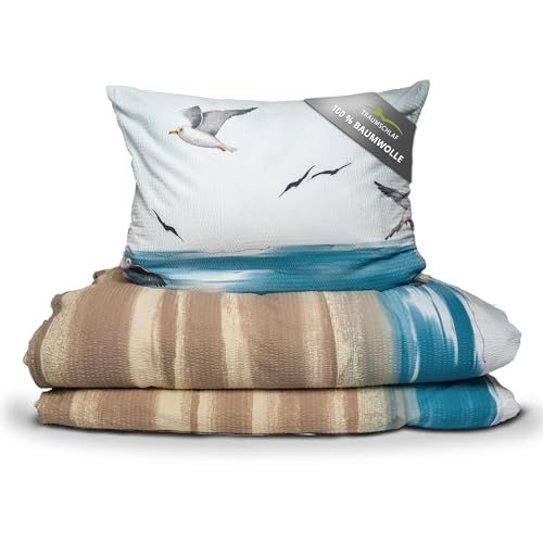 Traumschlaf Seersucker Bettwäsche Set •Bügelfrei• Maritimer Look Seemöven • mit Reißverschluss • 135x200 cm + 80x80 cm