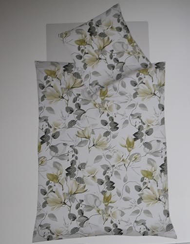 fleuresse Mako-Satin Bettwäsche 135x200 Magnolie Blumen gelb grau 114155-13