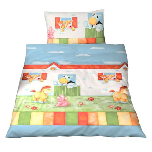 JACK Fein Biber Bettwäsche Baby 2 TLG. 100x135cm Hoftiere Bauernhof Bunt mit Reißverschluss