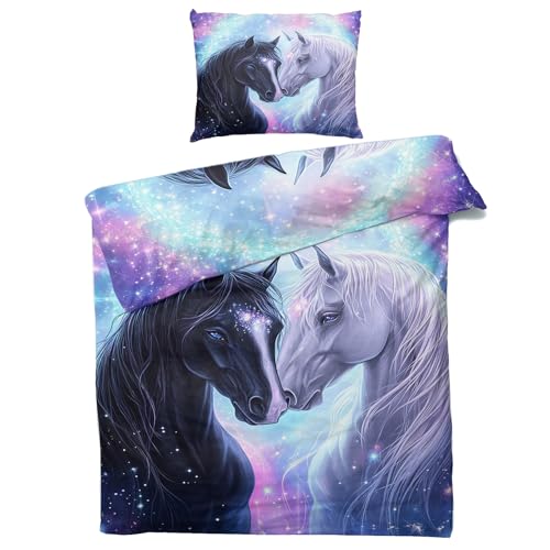 Venivici Sommer Bettwäsche 135x200 Pferde Mädchen - Schwarz Weiß Pferd Bettbezug 135 x 200 2er Set, Weiche & Angenehme Mikrofaser Bettbezüge & Kissenbezug, Bettwäsche-Sets mit Reißverschluss