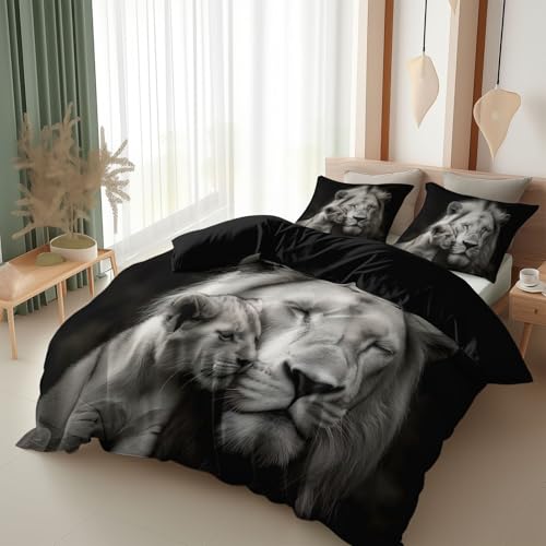Srigzcaly Bettwäsche 135 x 200 cm Weißer Löwe HD Foto Bettbezug, Schwarz wendebettwäsche mit Reißverschluss - Weiche Fein Mikrofaser Bettwäsche Set - 3 Teilig Bettbezüge mit 2 Kissenbezüge