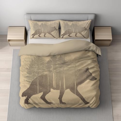 Generisch Bettwäsche-Set aus Mikrofaser – Wendebettwäsche, Ultraweich & Hautfreundlich, Knitterfrei & Pflegeleicht, mit Reißverschluss Einzelbett 140 x 200 cm Beige-Braun, Tier Silhouette Wolf