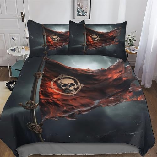 DCCCY Totenkopf Pirate 3D 2 teilig Bettbezüge Set Super Weiche Bettwäsche Inkl Bettbezug Und Kissenbezüge Angenehme Bettdeckenbezug Single(135x200cm)