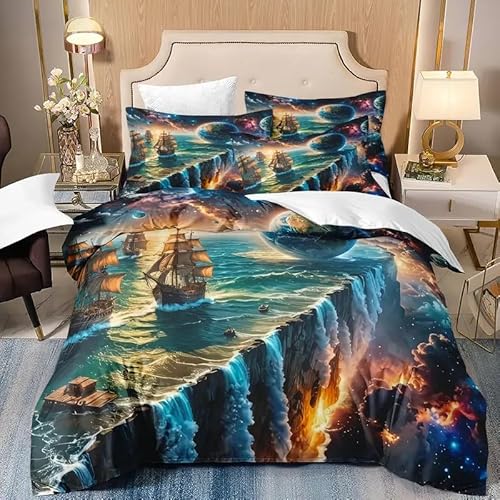 Bettbezug 140x200 Ocean Falls, Bettwaesche Maritimes Thema, Weich Atmungsaktiv Mikrofaser Bettwäsche Set Reißverschluss, 1 Bettbezüge und 2 Kissenbezüge 80x80 cm