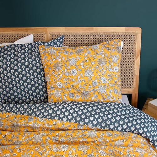 CÔTE DECO Bettwäsche für Erwachsene, 100 % Baumwolle, Bettbezug 220 x 240 cm + 2 Kopfkissenbezüge 63 x 63 cm, Motiv Blumendruck, Gelb, Blau und Weiß (220 x 240 cm)