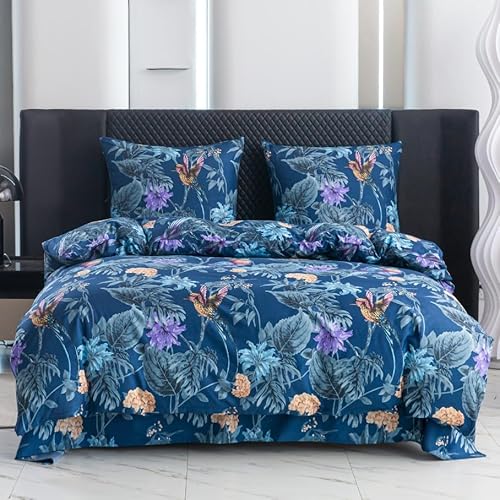 Cotton Market Bettwäsche 155x200 cm - Bettwäsche Mikrofaser Baumwolle - Herbst Bettwäsche-Sets 3 Teilig ?mit Reißverschluss - Blumen Bettbezug mit 2 Kissenbezug 70x80 cm - Kolibri/Blau