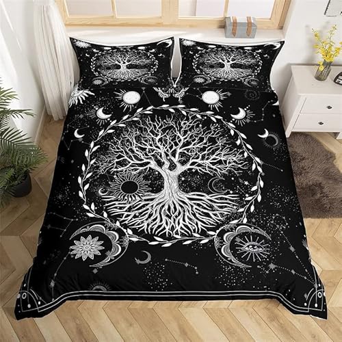 feelingyou Baum des Lebens Bettwäsche-Set,Sonne und Mond Boho Bettwäsche Set 135x200cm,Schwarz Weiß Exotisch Betten Set für Kinder Jungen Mädchen Teenager 2St.Reißverschluss Mikrofaser