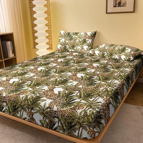 Spannbettlaken-Set für Doppelbett,Grüne Blätter Leoparden Weich, Gemütlich, 3-teiliges Mikrofaser-Bettwäsche-Se t mit Tiefer Tasche, 30 cm, 120 x 190 cm, Inklusive 2 Kissenbezügen q352
