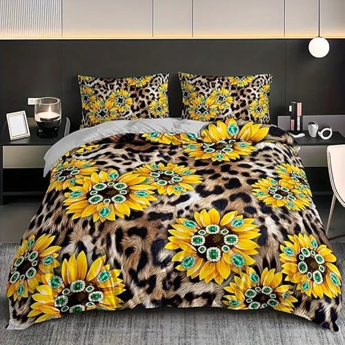 YZQGLHP Bettbezüge 135x200 Leopard Bettwaesche Sonnenblume Bettbezug Mikrofaser 3teilig Bettwäsche Weich Atmungsaktiv und 2 Kissenbezüge 80x80 cm mit Reißverschluss
