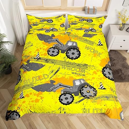 Loussiesd Kinder BAU Bettwäsche Set 135x200cm Ausstattung LKW Betten Set für Jungen Kinder Schlafzimmer Dekor Karikatur Auto Bagger Traktor Bettbezug Set Gelb Fahrzeuge Mit 1 Kissen