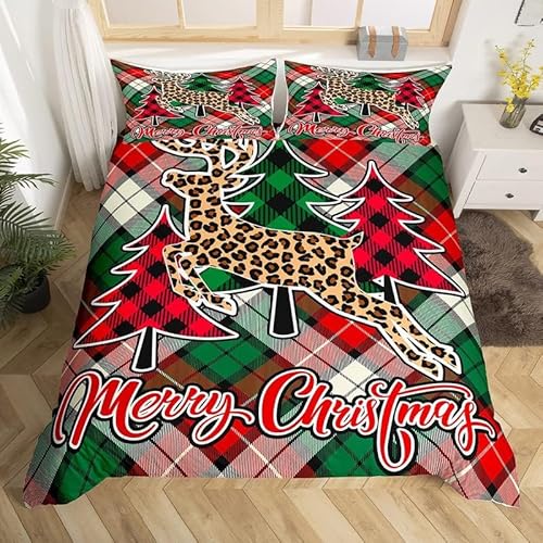 KERRES Bettwäsche 220x240 Leopard Elch Bettbezug Set 3 Teilig Weihnachtsdekoration Microfaser Weich Bettbezüge + 2 Kissenbezuge 80x80 cm, mit Reißverschluss DE1701