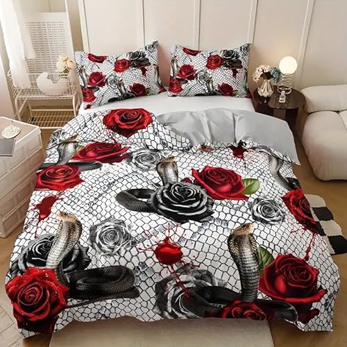 YZQGLHP Bettbezüge 135x200 Leopard Bettwaesche Rosenschlange Bettbezug Mikrofaser 3teilig Bettwäsche Weich Atmungsaktiv und 2 Kissenbezüge 80x80 cm mit Reißverschluss