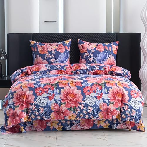 Cotton Market Bettwäsche 155x200 cm - Bettwäsche Mikrofaser Baumwolle - Herbst Bettwäsche-Sets 3 Teilig ?mit Reißverschluss - Blumen Bettbezug mit 2 Kissenbezug 70x80 cm - Garten/Rosa