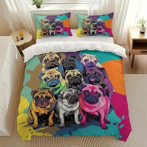 YZQGLHP Bettbezüge 220x240 Mops Bettwaesche Cartoon-Hund Bettbezug Mikrofaser 3teilig Bettwäsche Weich Atmungsaktiv und 2 Kissenbezüge 80x80 cm mit Reißverschluss