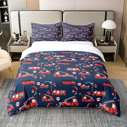 Loussiesd Feuerwehrwagen Bettwäsche Set 135x200cm 100% Baumwolle Kinder Roter Feuerwehrmann Bettbezug Set Feuerwehrmann Auto Fahrzeug Betten Set Feuerwehrmaschine Rot und Blau Bettwäsche-Set