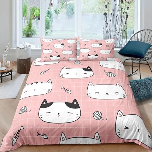CHCHNXY BettwäSche 155x220,Rosa Cartoon-Katze 3D Print Bettwäsche-Set,Weich Microfaser Bettbezug Mit Leichtläufigem Reißverschluss,3 Teilig Kinderbettwäsche(2*Kisse nbezug 80x80cm