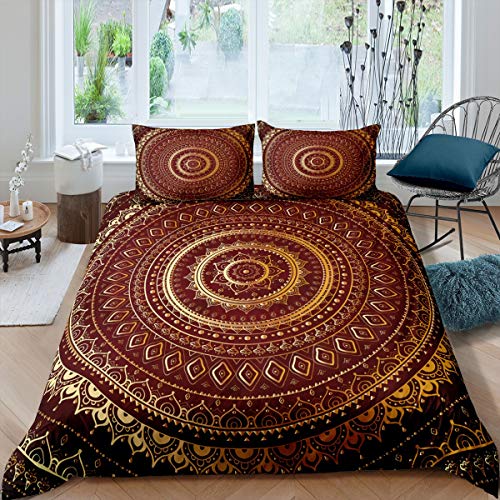 Loussiesd Boho Mandala Bettwäsche Set 135x200cm Bettbezug Set im böhmischen Stil Golden Hippie Mandala Betten Set für Kinder Erwachsene Exotisches Blumendekor Ultra weich 2St