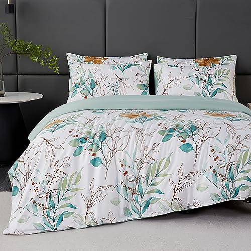 Jemiipee Blumen Bettwäsche-Set mit Grünes Eukalyptus-Blatt-Muster, 1 x Bettbezug 200x200 cm mit 2 x Kissenbezüge 80x80 cm und Reißverschluss, Weiche 100% Mikrofaser Bettwäsche Modern, Weiß Grün