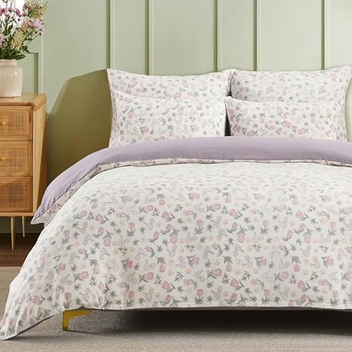 Gezu Bettwäsche 155x220cm Blumen Lila Blumenmuster Aesthetic Blumig Bettwäsche Tulpe Blätter Mädchen Blumenwiese Deckenbezug Bettbezug 155x220 mit Reißverschluss und 2 Blümchen Kissenbezug 80x80