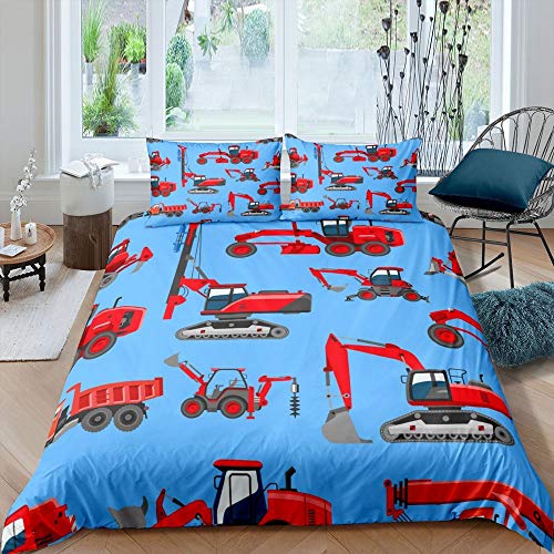 feelingyou Roter Bagger Bettwäsche-Set Bauträger (Bauträger) Bettwäsche Set 135x200cm Cartoon Trucks Betten Set für Kinder Jungen Mädchen Teenager 2St.Reißverschluss Mikrofaser