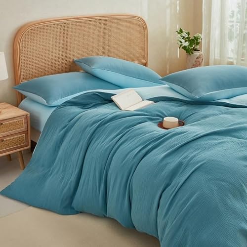 Gezu Baumwolle Musselin Bettwäsche 200x200 Blau,Bettwäsche-Sets 3er Set Bettbezug Baumwolle mit 2 Kissenbezüge 80x80 cm, Bettwäsche Hellblau ÖEKO-TEX® mit Reißverschluss