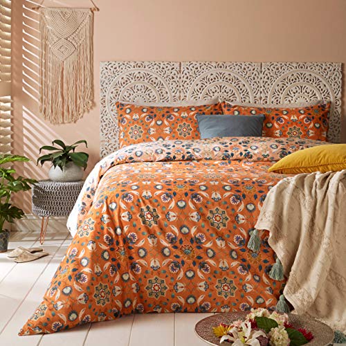 furn. Folk Flora Bettbezug und Kissenbezug-Set, Polybaumwolle, Orange, Super King