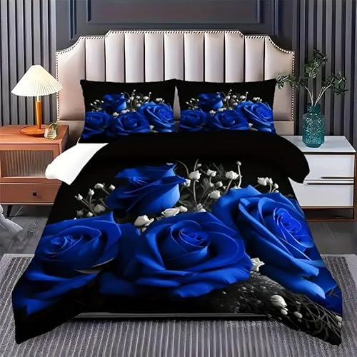 EXSANLIEAY Blaue Rosen Bettwäsche-Sets 200x200 cm Romantisch Mode Bettbezug Kreatives 3D Effekt Weich Microfaser Deckenbezug mit Reißverschluss und 2 Kissenbezug 80x80 cm