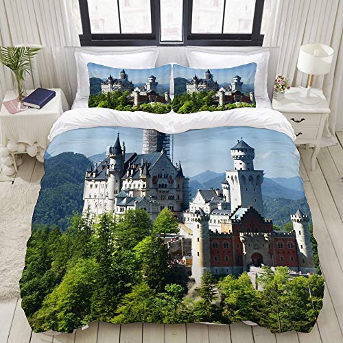 ELIENONO Bedding Bettwäsche-Set,Deutschla nd-Neuschwanstein-Schloss -angenehmer Natur-Landschaftsgrün Forest Blue Sky,Mikrofaser Bettbezug und Kissenbezug - (135 x 200 cm)