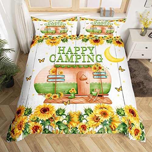 Happer Camping Tröster Abdeckung S Größe Sonnenblumen Bettwäsche Set Camper Rv Bettbezug, 1 Kissenbezug, alte Holzbrette Bauernhaus Vier Jahreszeiten Quilt Cover Weiche Mikrofaser
