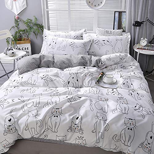 Lunoroey Bettwäsche-Set mit niedlichem Katzenmotiv, Einzelbett, schwarz-weiß, Cartoon-Katze, bedruckt und kariert, wendbar, für alle Jahreszeiten