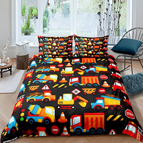 Loussiesd Karikatur Baubagger Betten Set Fahrzeuge LKW Bettbezug Set für Kinder Jungen Mädchen Traktor Bettwäsche Set 135x200cm Kinderzimmer mit 1 Kissenbezug