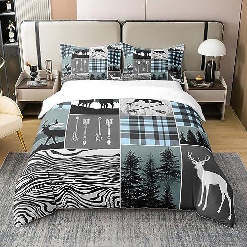 Rustikale Bauernhaus Tröster Bezug,Bär Elch Patchwork 100% Baumwolle Bettbezug Land Hirsch Elch Baum Bettwäsche Set 155x220,Karo Plaid Böhmische Pfeile Bettsets mit 1 Kissenbezug