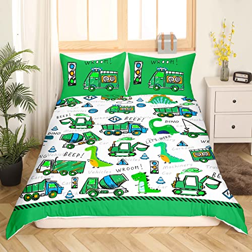 Kinder BAU Bettwäsche 135x200cm Jungen Niedlichen Cartoon Dinosaurier Bettwäsche Set Kleinkind Weiche Ausrüstung LKW Bagger Auto Bettbezug mit 1 Maschinen LKW Kissenbezug Dino Bettwäsche Grün Weiß