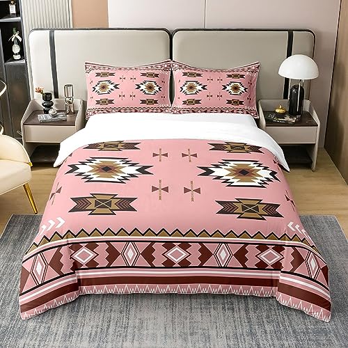 Bohemian Geometric 100% Baumwolle Bettbezug,Indische Thema Azteken Bettwäsche Set,Ethnische Tribal Pfeil Tröster Abdeckung,Western Land Stil Bett Sets mit 1 Kissenbezug 155x220 Zimmer Dekor,Rosa