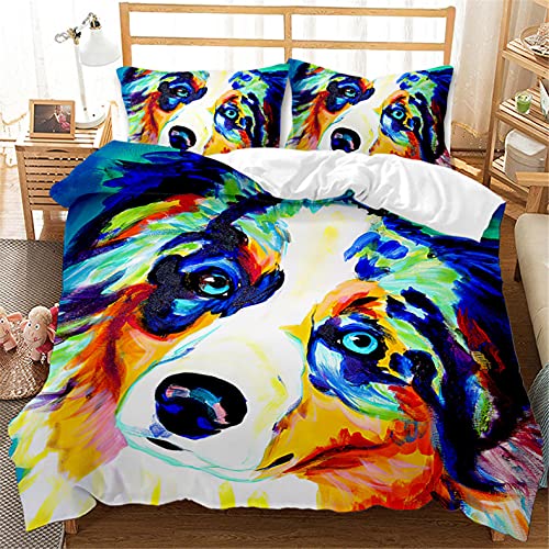 AOUAURO Bettwäsche 155x220 Border Collie Bettbezug Set 3D 3-Teiliges Polyester mit Reißverschluss 1 Bettbezug und 2 Kissenbezug 80x80cm 3 Stück