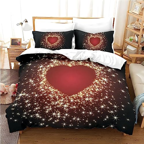Freyamy 3D Herz Bettwäsche 135x200cm 2teilig Schwarz Gold Herzmotiv Liebe Luxus Bettwaren-Sets Mikrofaser Weiche Kinderbettwäsche Mädchen Bettbezug mit Reißverschluss und Kissenbezug 80x80cm