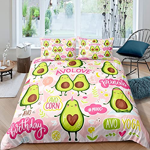 feelingyou Cartoon Avocado Bettbezug 135x200cm, süße grüne Tropische Frucht Bettbezug für Kinder Jungen Schlafzimmer, Girly Style Pink Stripes Bettwäsche-Set mit 1 Kissenbezug Tagesdecke