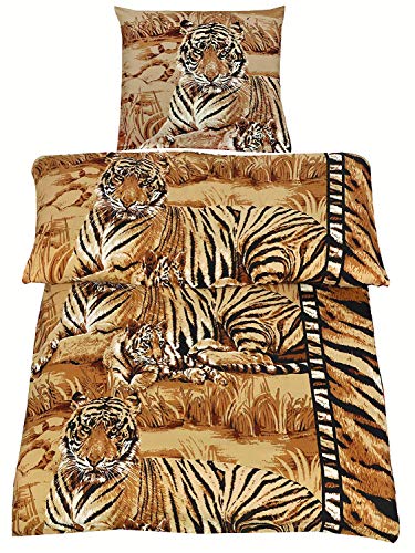 2tlg Microfaser Bettwäsche Tiger in Braun Sand Creme Beige 135x200cm + 80x80cm NEU mit RV