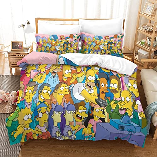 YINGD The Simpsons Bettwäsche-Set, 3-teilig, Anime-Charaktere, Bettdeckenbezug, superweiche Mikrofaser, 1 Kissenbezug (200 x 200 cm)