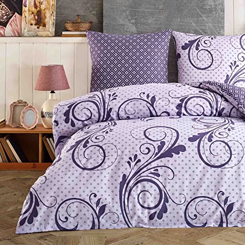 Buymax Bettwäsche 135x200 Baumwolle 2-Teilig Bettgarnitur mit Bettbezug und Kissenbezug 80x80 Renforce Bettwäsche-Set Wendbar Fleur Blumenranken Wende-Muster , Lila Violett