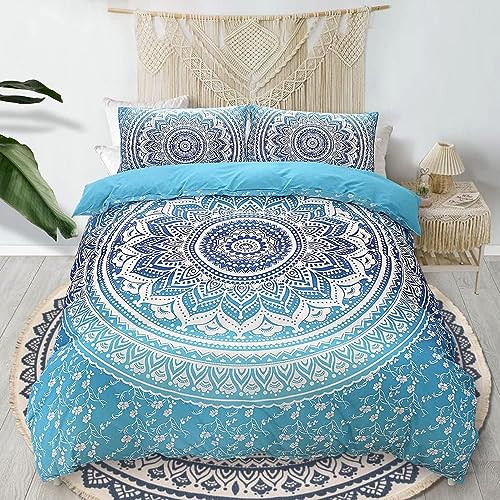 Covebett Boho Bettwäsche 135x200 Blau Weiß Mandala Blumen Vintage Muster Wendebettwäsche Set Bohemian Floral Blumenmuster Microfaser Bettbezug und Kissenbezug 80x80 cm mit Reißverschluss