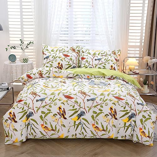 URBONUR Bettbezug-Set aus 100 % Perkal-Baumwolle, Queen-Size-Größe, 3-teilig, weich, atmungsaktiv, botanisches Bettwäsche-Set, grüne Blätter und Vögel, bedruckt auf weißem Bettbezug, Eckbänder,