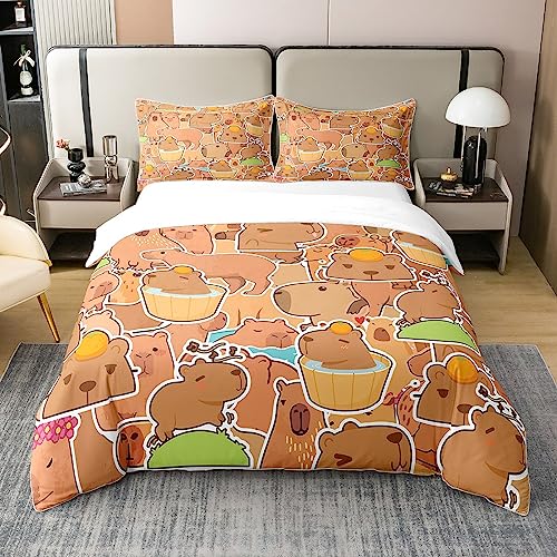 Loussiesd Capybara 100% Baumwolle Bettwäsche Set 135x200cm Kinder für Capybara Lovers Betten Set für Jungen Jugendliche Capybara Tiere Lovers Bettbezug Set Orange Muster Braun Bettwäsche-Set