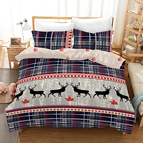 AVJWWD Weihnachts Bettwäsche Set Weihnachten Bettbezug, Weihnachtsmann,Weihnachts elch und Weihnachts-Schneeflocken- Muster,weiche Mikrofaser mit Reißverschluss (Karierter Elch, 135 x 200 cm)